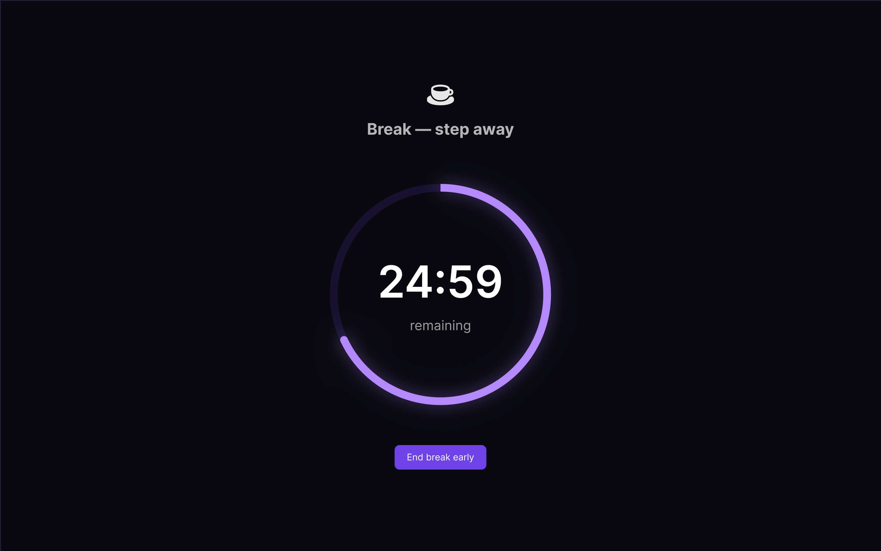 The FocusLock break overlay filling a Mac display: a violet ring around the remaining break time