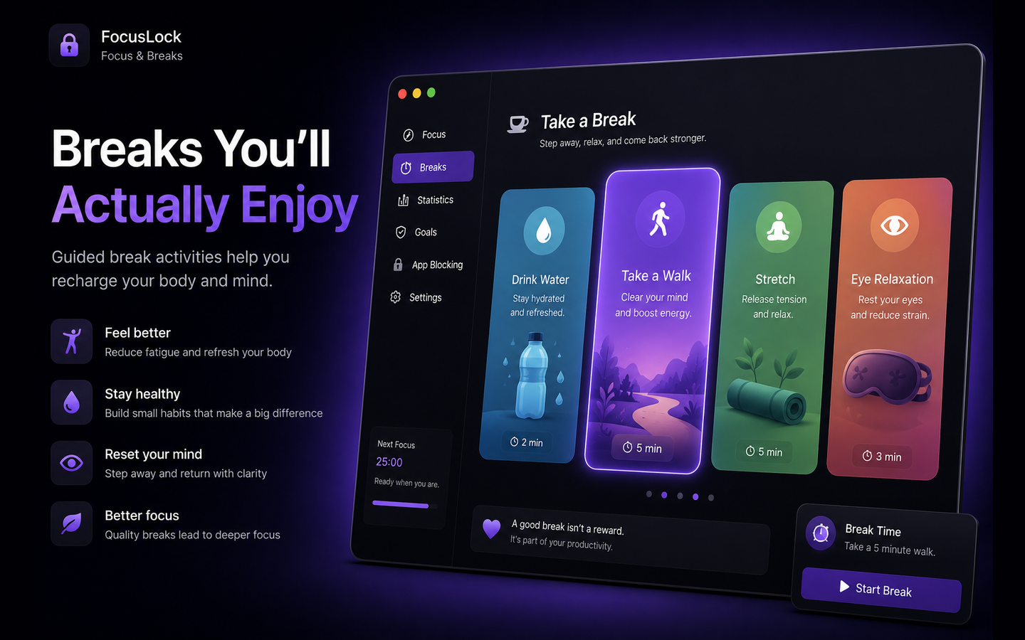 The FocusLock Breaks screen: a grid of guided break activities grouped by kind