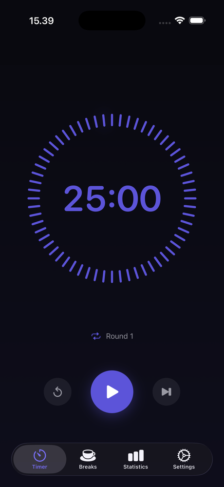 FocusLock on iPhone: the same focus session, 25:00 remaining, round 1