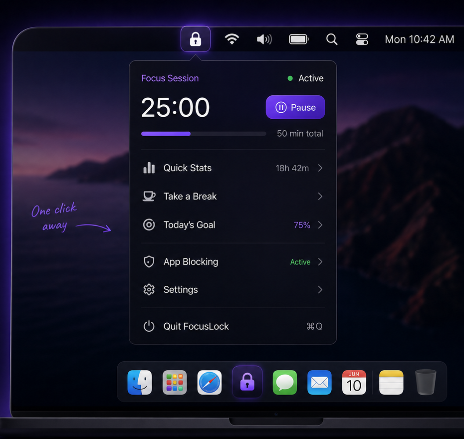 FocusLock running on macOS: the menu bar panel open beside a focus session